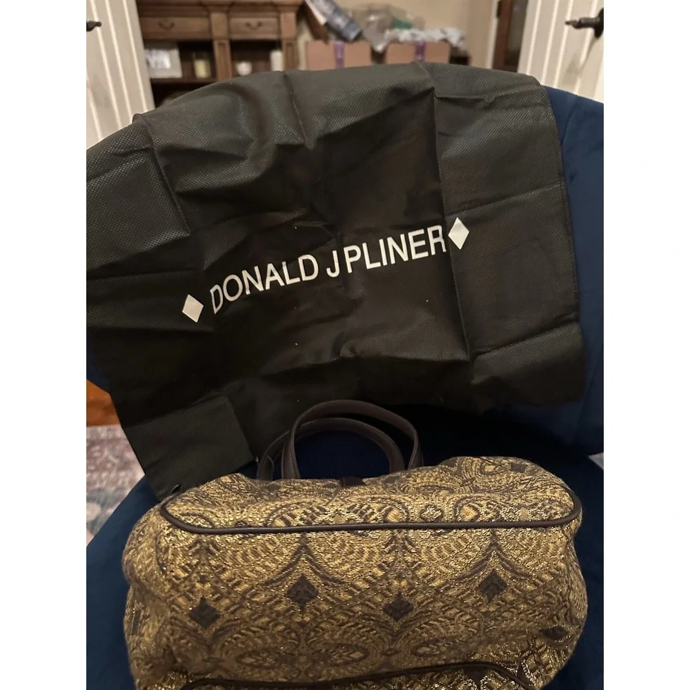 Donald J Pliner Gold Brocade Finesse Satchel Buckle Detail Handbag‎ Purse